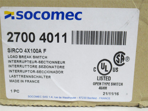 Socomec 2700-4011; AC Load Break Switch; 100A; 600V; 4-Pole
