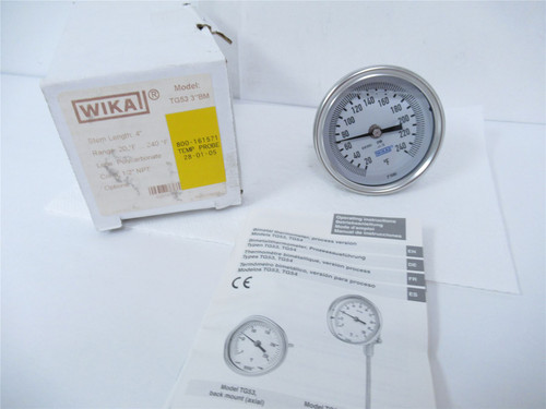 WIKA TG53 3" BM; Thermometer Bimetal Probe 20-240degF 1/2"NPT