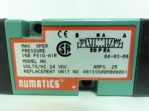 Numatics 081SS600M000061; Solenoid Air Control Valve; 24VDC; 25A