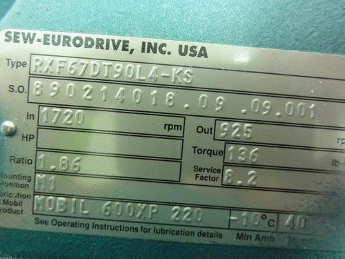 SEW RXF67DT90L4-KS; Gearmotor 2HP; 230/460V; 925RPM Out