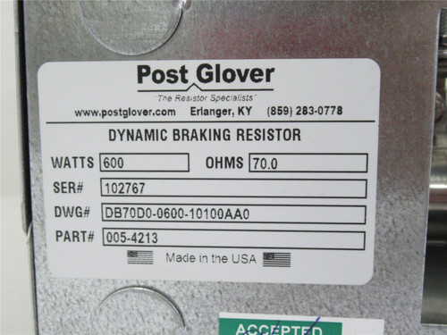 Post Glover 005-4213; Dynamic Braking Resistor;600W; 70.0Ohms