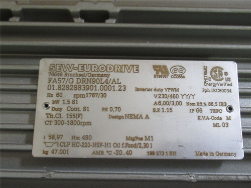SEW FA57/G DRN90LA/AL; AC Gear Motor; 58.97:1 Ratio; 230/460V