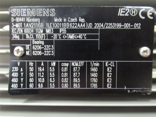 Siemens AV2116B ; AC Motor 6.3kW; 460V; 1760RPM; 3-Phase