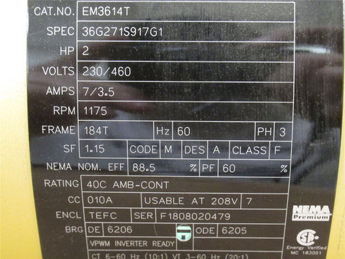 Baldor EM3614T; AC Motor; 2HP; 230/460V; 1175RPM; 3PH; 7/3.5A