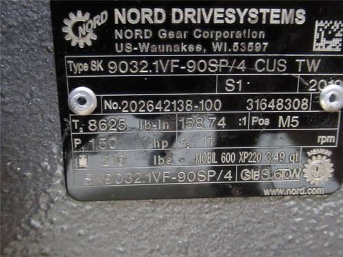 Nord Drive SK 90SP/4; AC Gearmotor 158.74:1 Ratio; 1-1/2HP