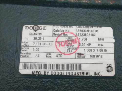 Dodge BF683CN140TC; Gear Speed Reducer; 39.39:1 Ratio; 5HP