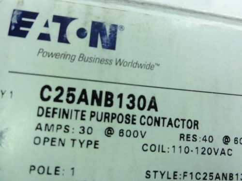 Eaton C25ANB130A; Contactor 30A; 600V; 1P; Coil: 120VAC