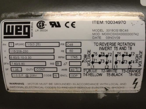 WEG 3318OS1BC48; AC Motor; 1/3Hp; 115/208-230VAC; 1745RPM; 3Ph