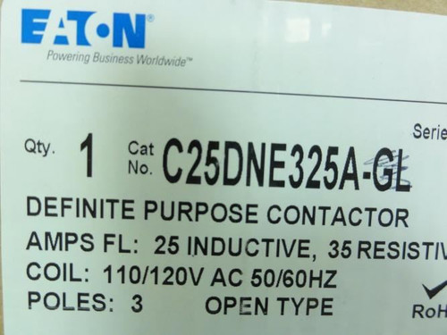 Eaton C25DNE325A-GL; Contactor 25A; 600V; 3P; Coil: 120VAC
