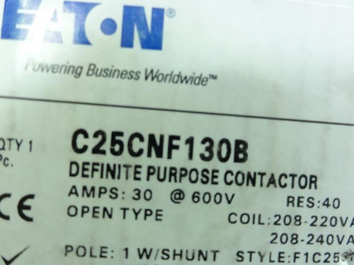 Eaton C25CNF130B; Contactor 30A; 600V; 1P; Coil: 240VAC