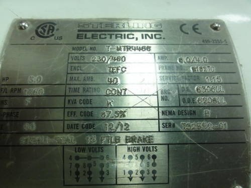 Sterling Electric T-MTR4465; Brake Motor 3Hp; 230/480V; 1760Rpm