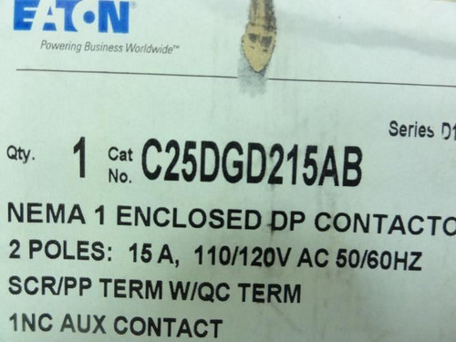 Eaton C25DGD215AB; Contactor 15A; 600V; 2P; Coil: 120VAC