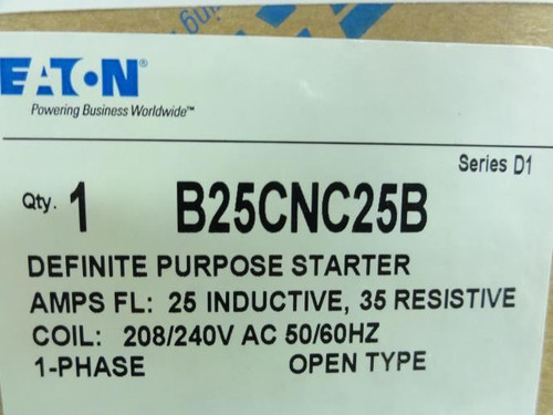 Eaton B25CNC25B; Starter 25A; 600VAC; 2P; Coil: 240VAC