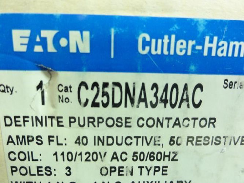 Eaton C25DNA340AC; Contactor; 40A; 600VAC; 3P; Coil: 120VAC