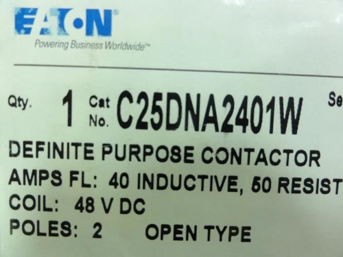 Eaton C25DNA2401W; Contactor 40A; 600V; 2P; Coil: 48VDC