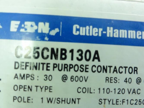 Eaton C25CNB130A; Contactor 30A; 600V; 1P; Coil: 120VAC
