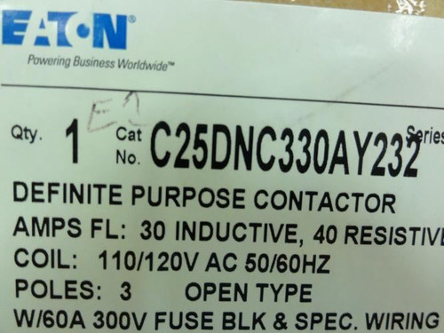 Eaton C25DNC330AY232; Contactor 30A; 600V; 3P; Coil: 120VAC