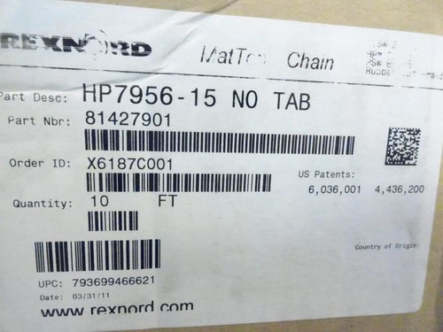 Rexnord HP7956-15 NO TAB; Conveyor Belt; 81427901 10 Ft.
