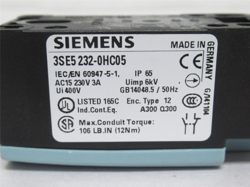 Siemens 3SE5 232-0HC05; Plunger Actuator Limit Switch 6A; 125V