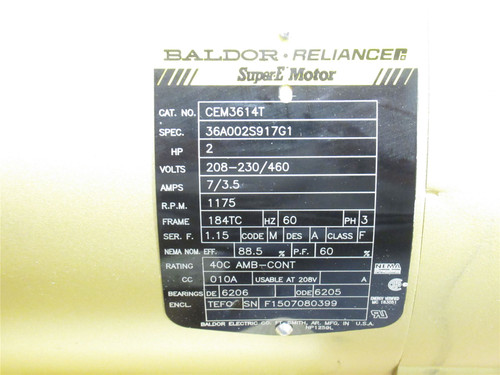 Baldor CEM3614T; AC Motor; 2HP; 230/460V; 1175RPM; 3PH; 60Hz