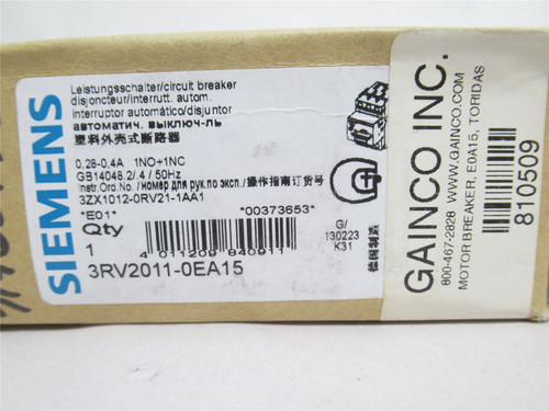 Siemens 3RV2011-0EA15; Motor Protector; 3P; 0.28-0.4A; 690VAC