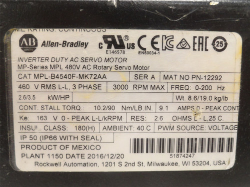 Allen-Bradley MPL-B4540F-MK72AA; Servo Motor; 3.5HP; 460V; 3PH