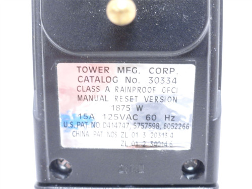 Tower 30334; Plug-In GFCI 2XYR2A; 15A; 125VAC; NEMA 5-15P