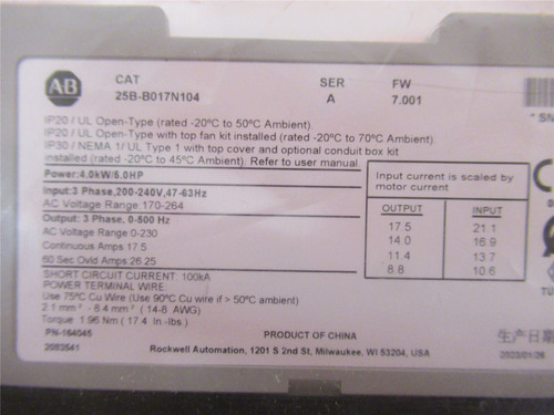 Allen-Bradley 25B-B017N104; AC Drive 5HP 240VAC 3PH