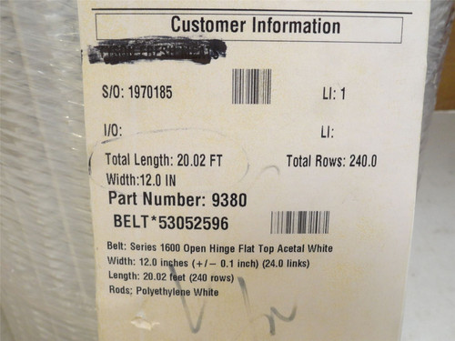 Intralox S1600-12-20; Open Hinge Flat Top Belt; 12" W x 20" L