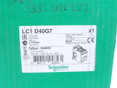 Schneider LC1D40G7; Contactor 40A; 600V; 3P; Coil: 120VAC