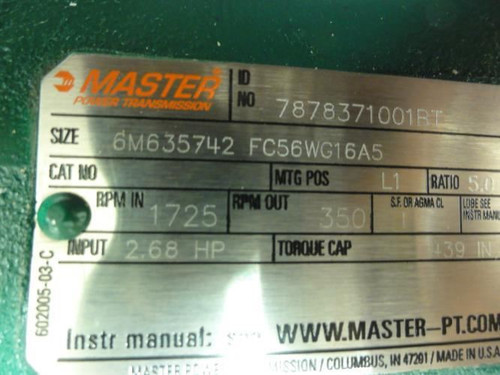 Master PT 7878371001BT; Motor Gearbox 1/2HP Motor; 5.0 Ratio