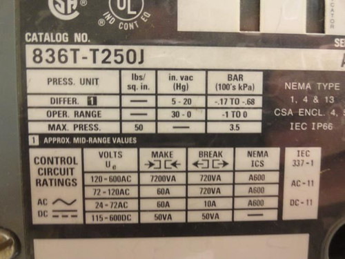 Allen-Bradley 836T-T25OJ; Vacuum Pressure Switch
