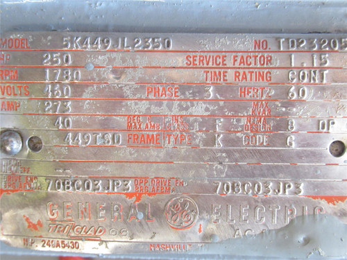 GE 5K449JL2350; AC Motor-Rewind 250HP 460VAC 1780RPM 3PH