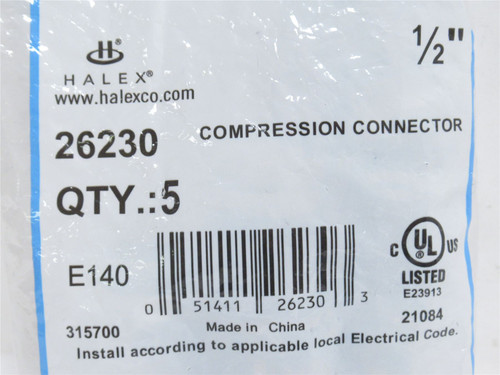 Halex 26230; Bag-5; EMT Compression Connectors; Size: 1/2"