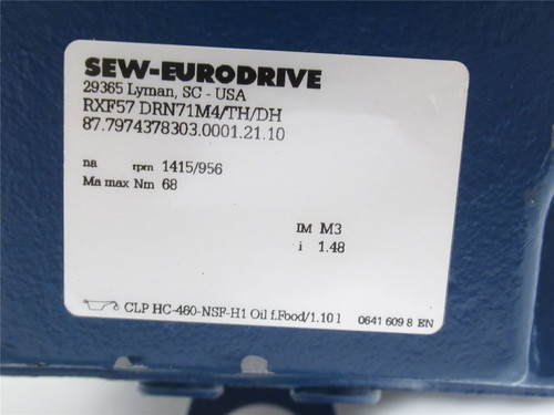 SEW RXF57DRN71M4/TH/DH; AC Gear motor; 1.48:1 Ratio; 1/2HP