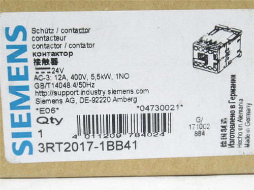 Siemens 3RT2017-1BB41; Contactor 3P; 12A; 400VAC; Coil: 24VDC