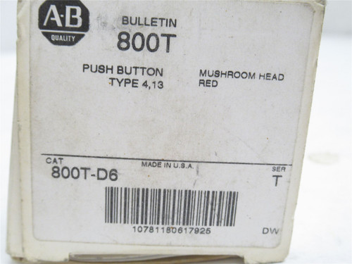 Allen-Bradley 800T-D6; Mushroom Head Push Button; 30mm; Red