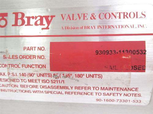 Bray 930933-11300532; Spring Return Pneumatic Actuator 140Psi