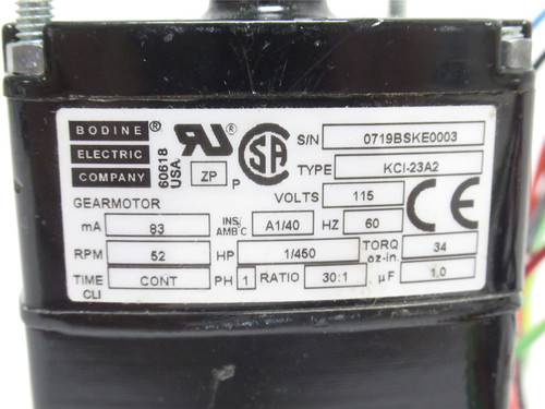 Bodine KCI-23A2; AC Gearmotor 1/450HP; 115V; 30:1 Ratio