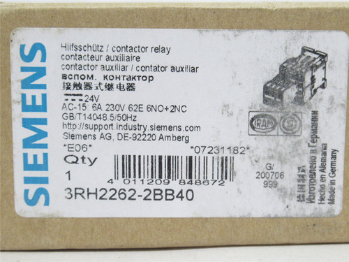 Siemens 3RH2262-2BB40; Control Relay; 6A; 230VAC; Coil: 24VDC