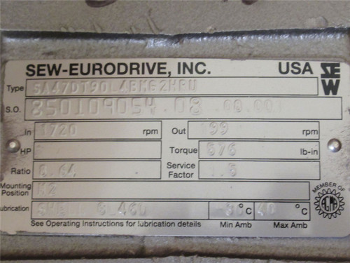 SEW DFT90L4BMC2HRU; AC Gearmotor; 8.64:1 Ratio; 2HP; 200/346V