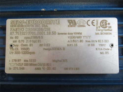 SEW-Eurodrive FA87/G DRN90S6/DH; Motor Gearbox;1HP; 3.60/1.80A