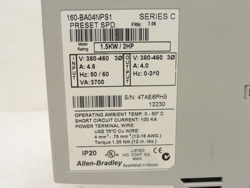 Allen-Bradley 160-BA04N9S1; AC Drive; 2Hp; 460VAC; 3ph