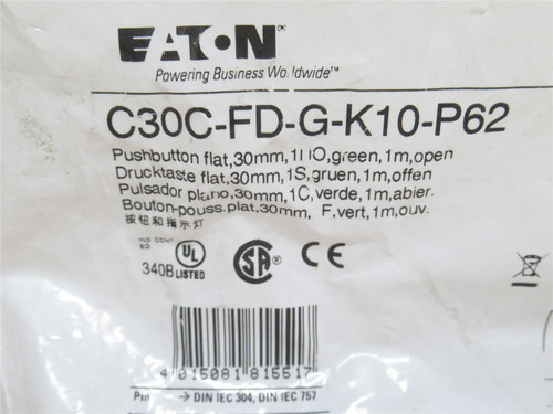 Eaton C30C-FD-G-K10-P62; Momentary Push-Button Green; SPST-NO