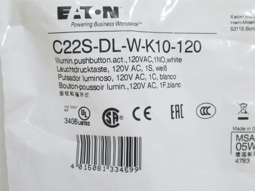 Eaton C22S-DL-W-K10-120; Illuminated Push-Button; White; 1-NO
