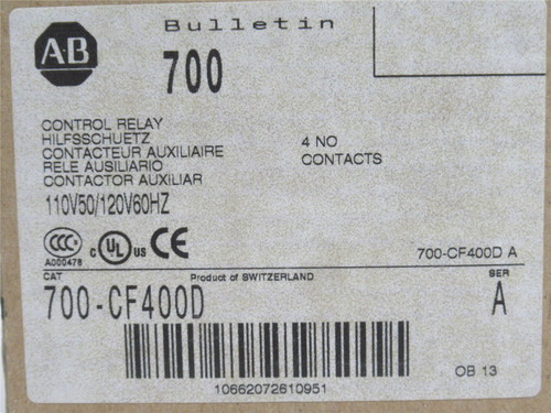 Allen-Bradley 700-CF400D; Contactor; 25A; 3P; 600VAC; 4-NO