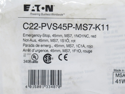 Eaton C22-PVS45P-MS7-K11; Red Keyed E-Stop Switch; 110/230VAC