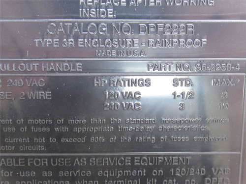 Eaton DPF222R; AC Disconnect Switch 60A; 240VAC; DPST; 2P