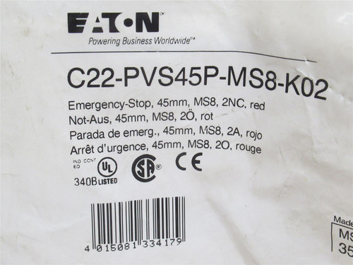 Eaton C22-PVS45P-MS8-K02; Non-Illuminated E-Stop Switch; Red