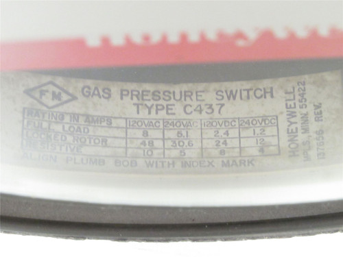 Honeywell C437; Gas Pressure Switch; 0-25" Of Water; 1/2"NPT